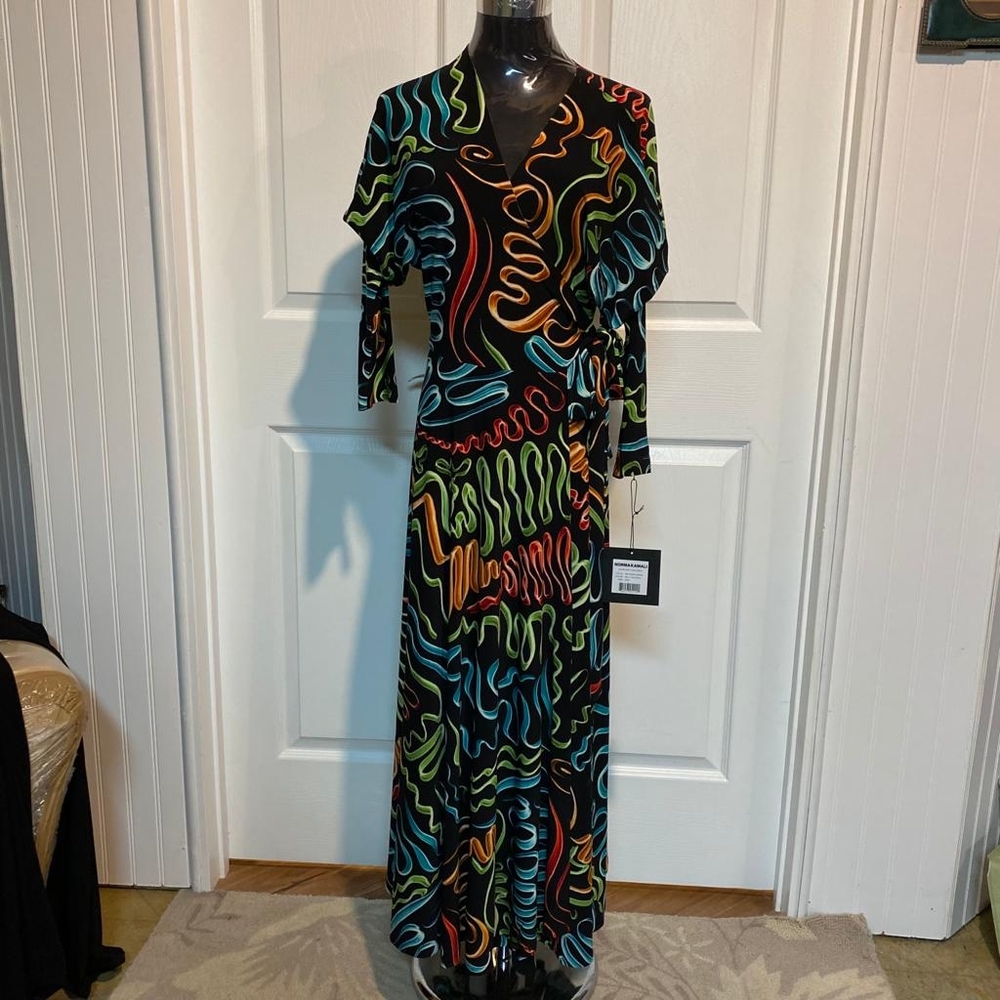 Norma Kamali Dolman Wrapped Flare Black Multicolor Wrap Dress Size M NWT
